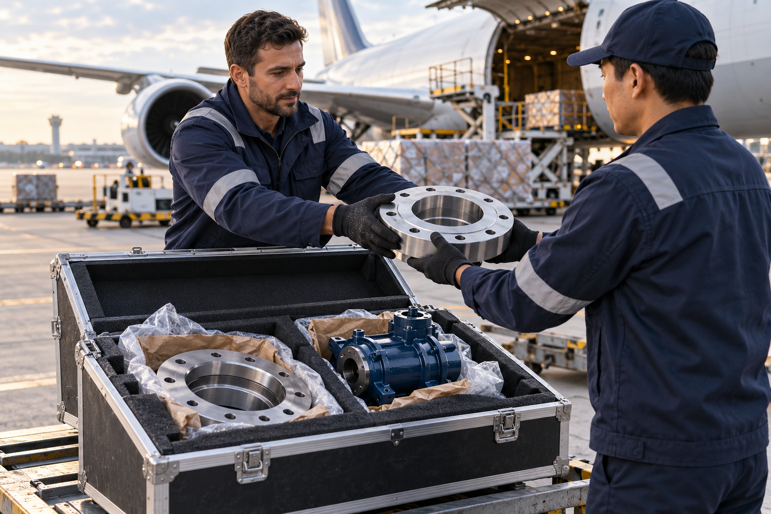 Concept illustration of an urgent marine spare part checked for air courier transport