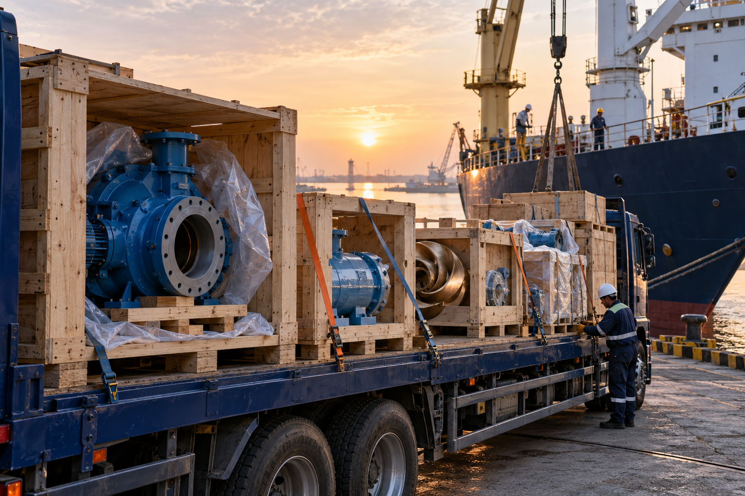 Concept image: Marine spare crates on a truck beside a vessel