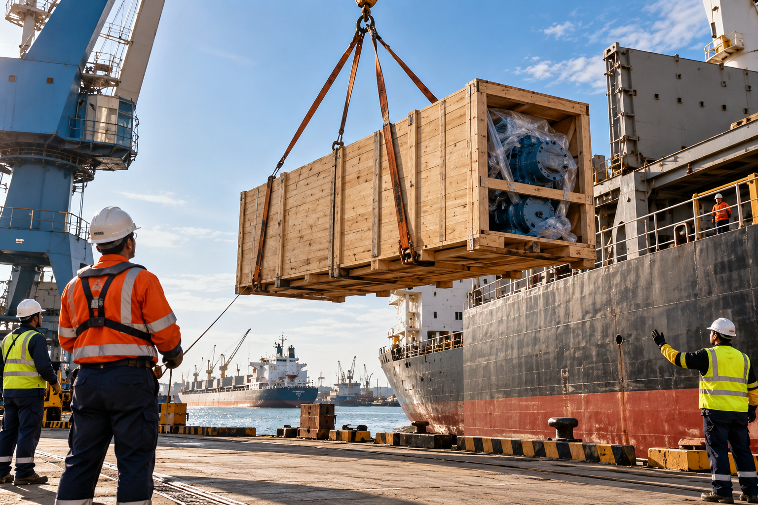 Concept image: Marine spare crate lifted safely toward a vessel deck
