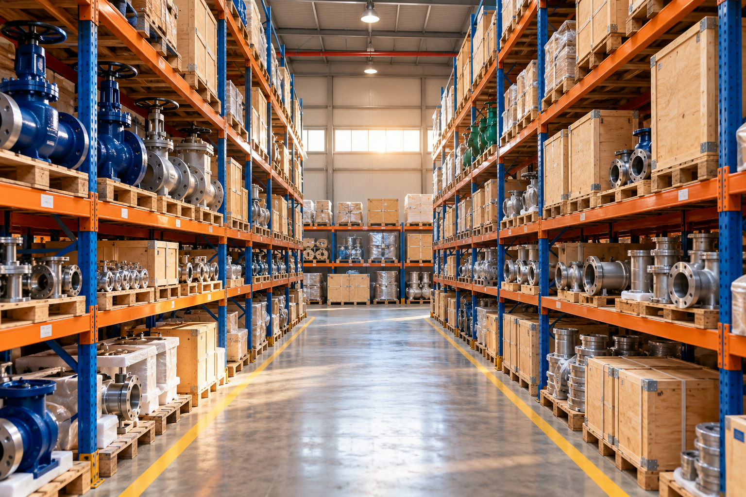 Concept image: Marine valves and crates in warehouse racks