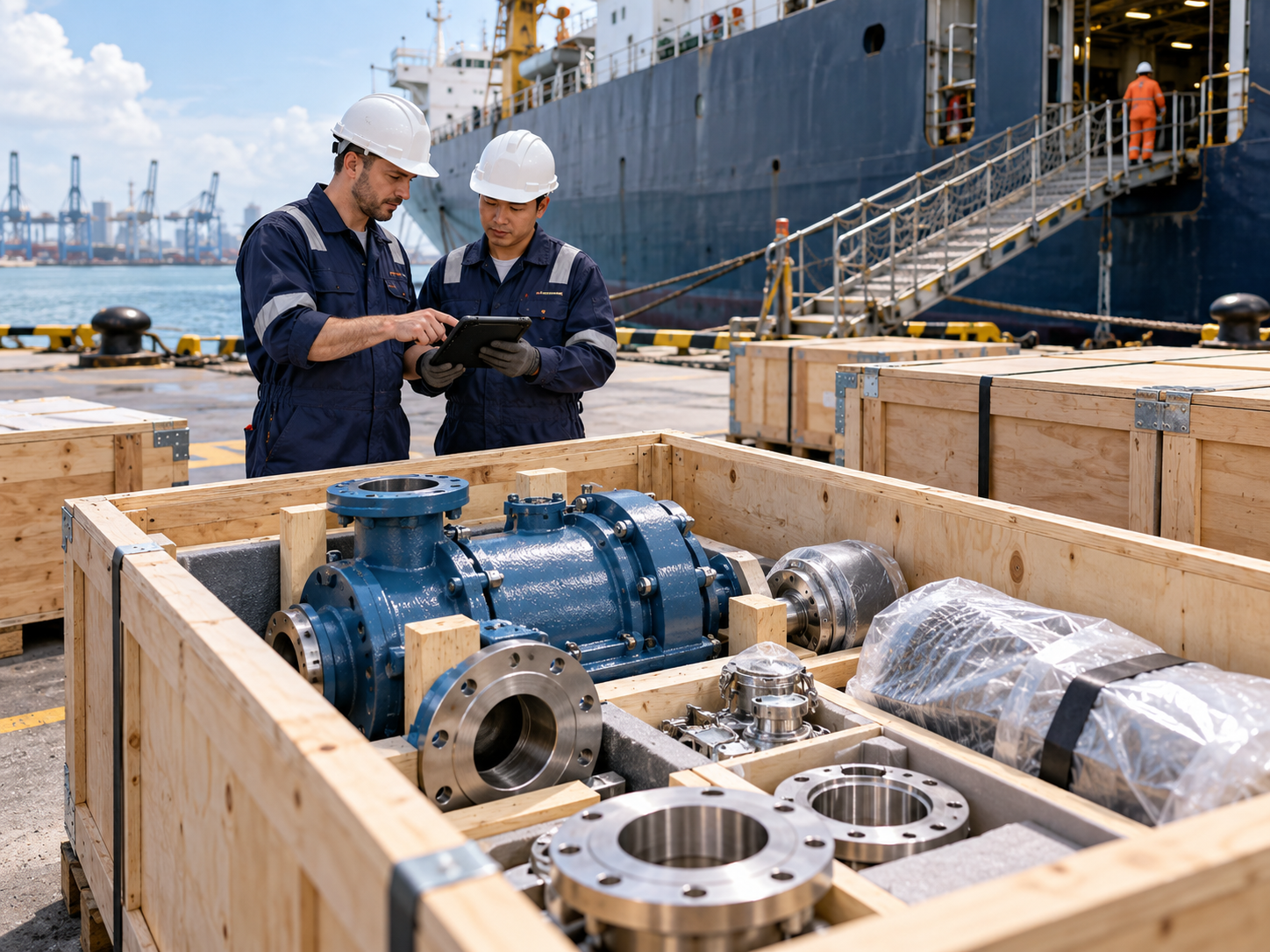 Concept illustration of marine pump spares packed in timber crates beside a commercial vessel