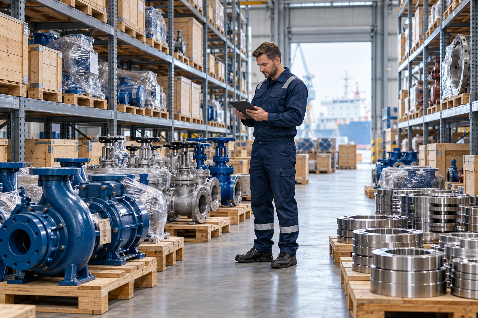 Concept illustration of marine spare parts stored and inspected in a specialist warehouse